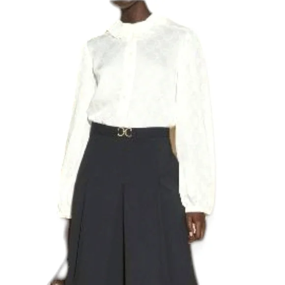 Sandro Jacquard Blouse Double S Logo Pleated Collar Puff Sleeves White 2 Medium - Picture 7 of 16